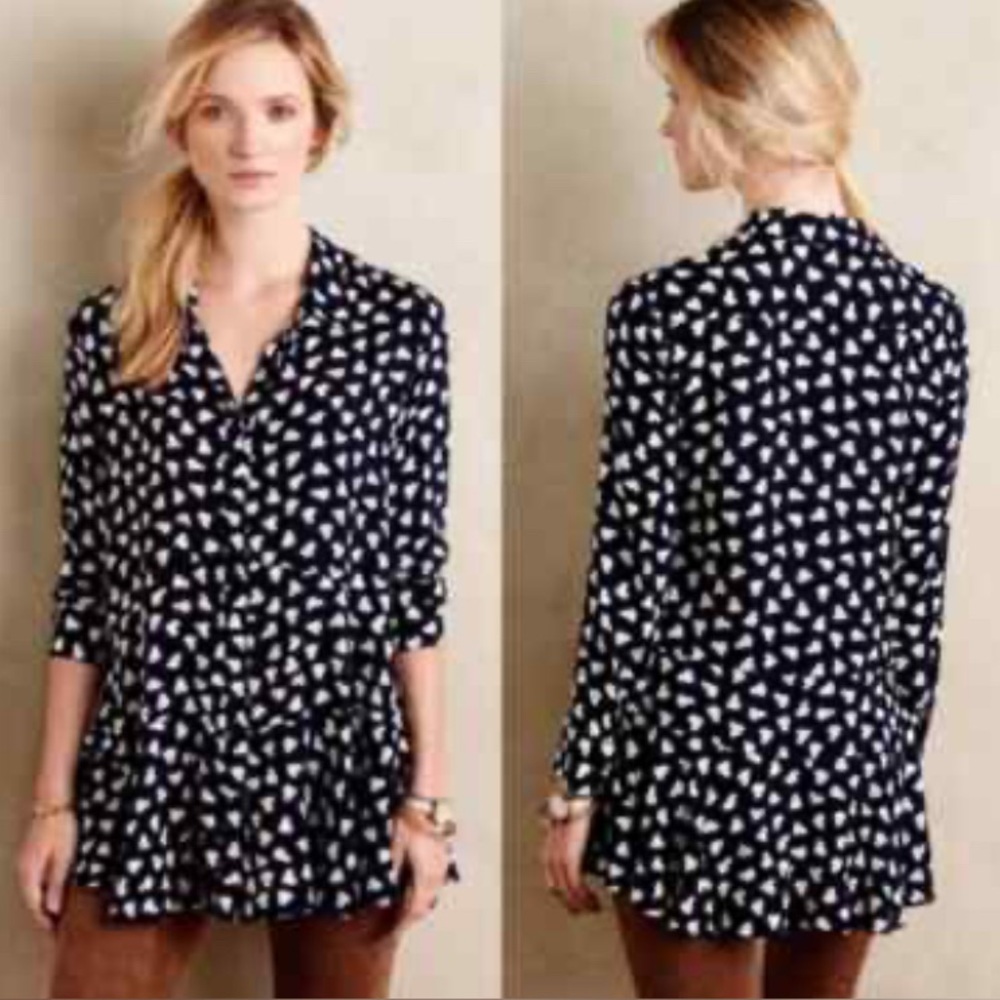 11 1 Tylho Anthopologie Larkin Heart Print Shirt Tunic Mini Dress Blouse Top S - Picture 6 of 12